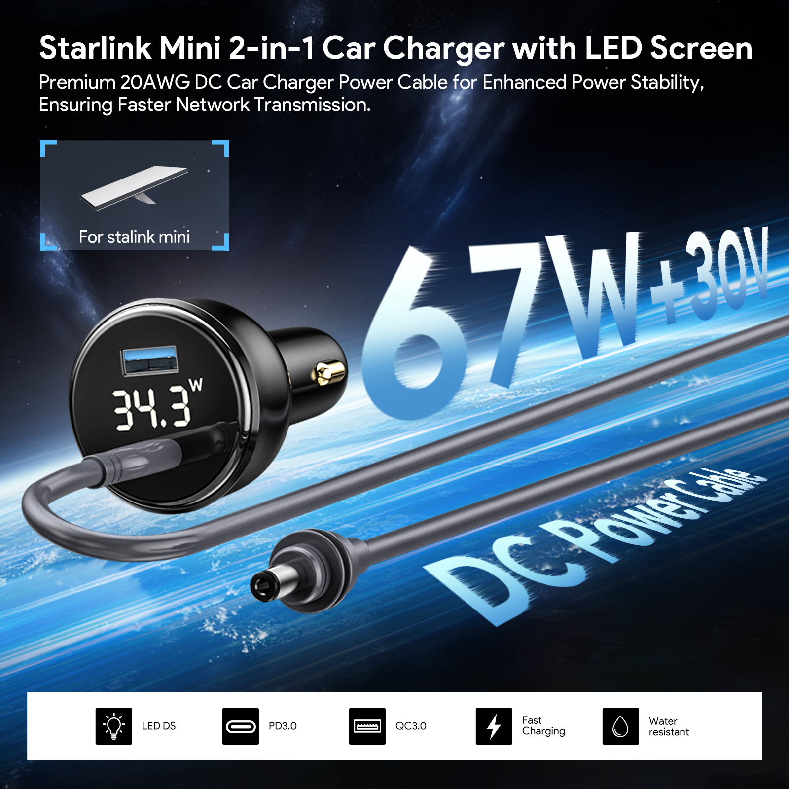 2-в-1 автомобилно захранване 12V за Starlink Mini с LED дисплей