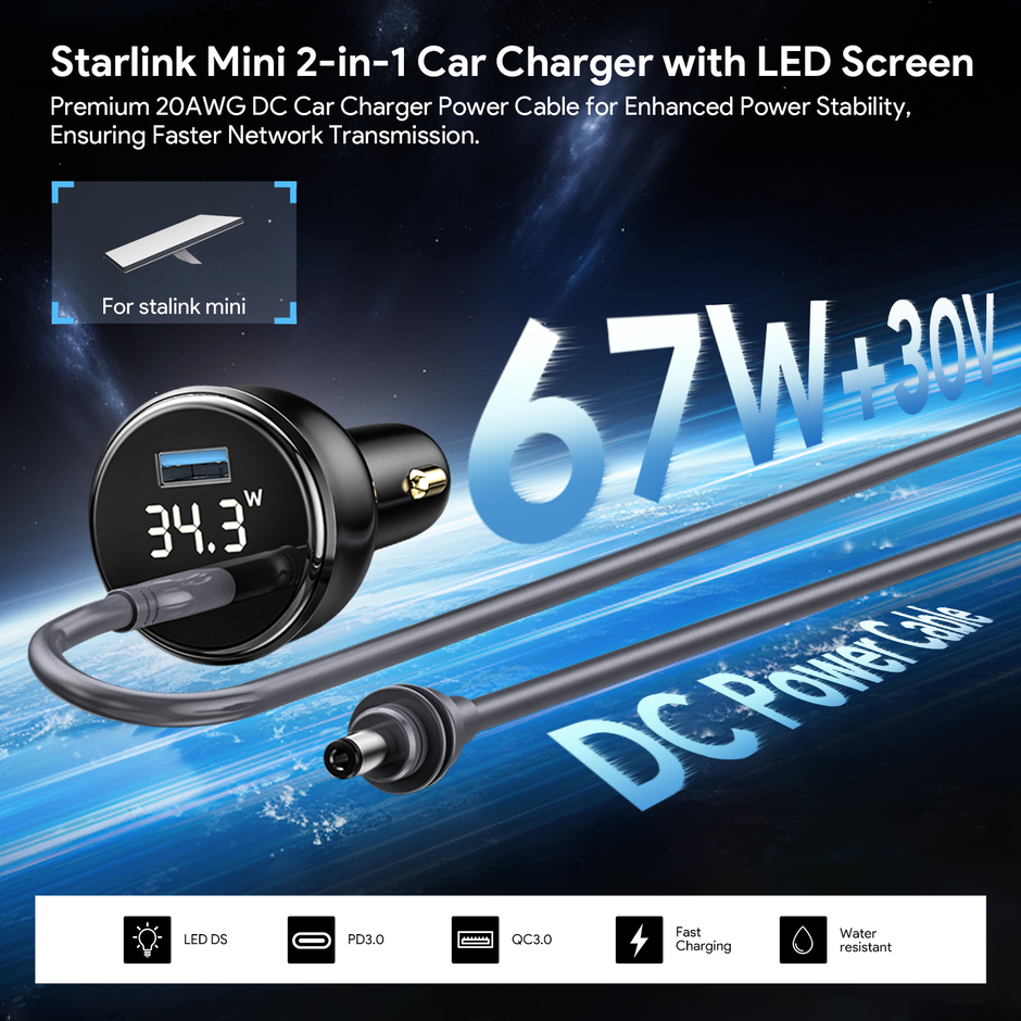 2-в-1 автомобилно захранване 12V за Starlink Mini с LED дисплей