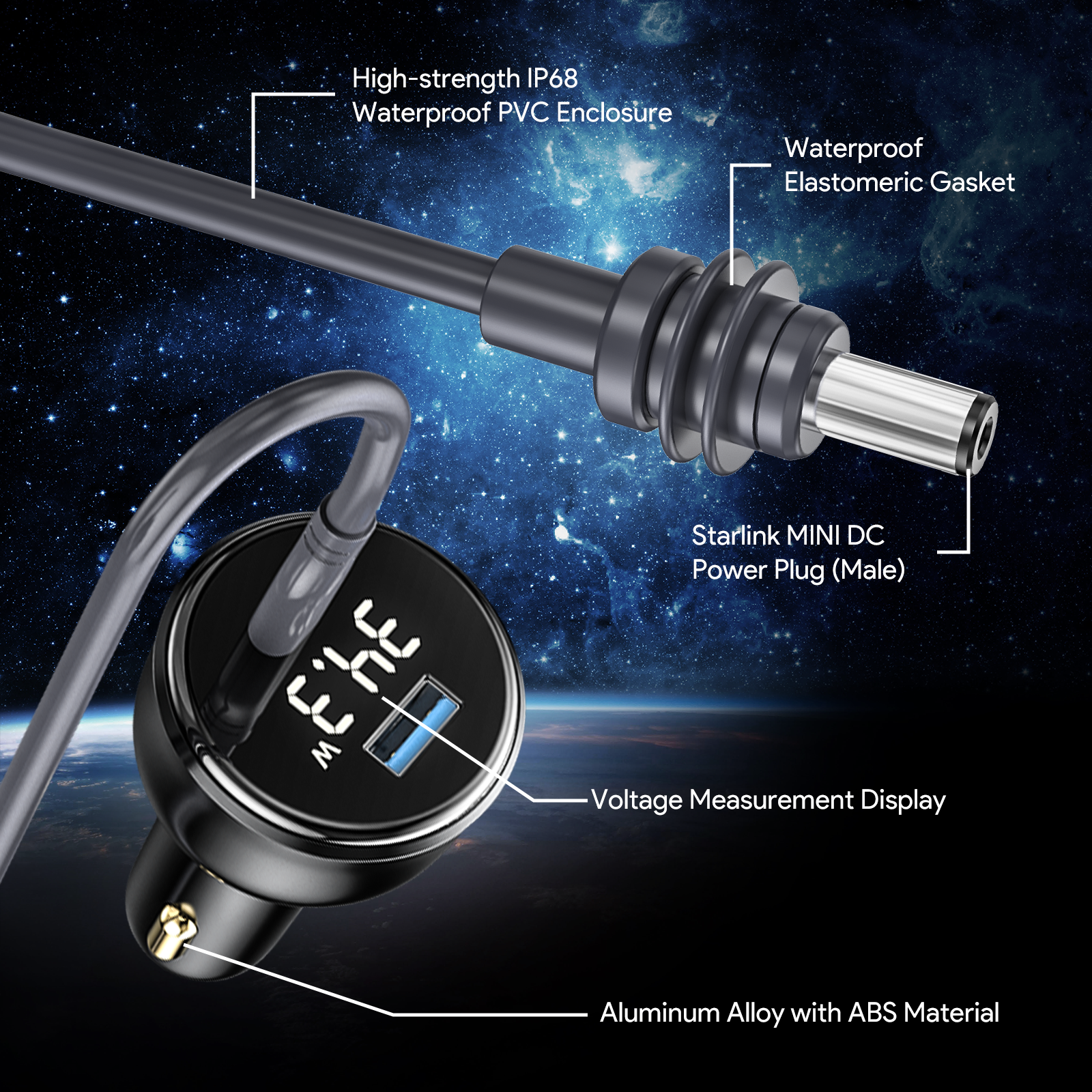 2-в-1 автомобилно захранване 12V за Starlink Mini с LED дисплей