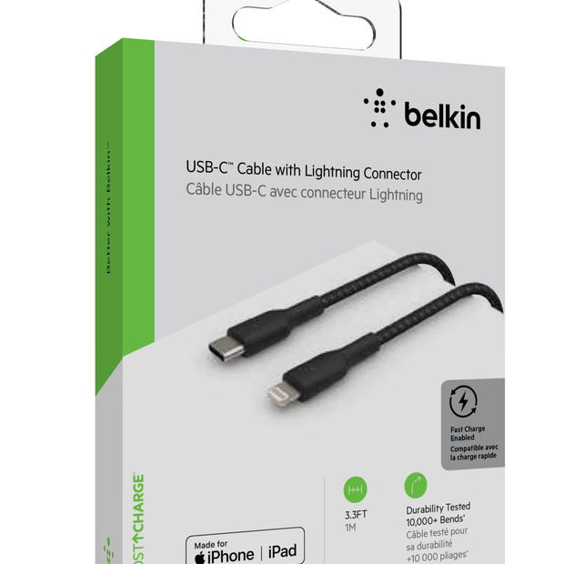 Кабел Belkin - Boost Charge, USB-C/Lightning, плетен, 1 м, черен