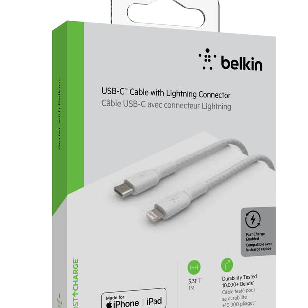 Кабел Belkin - Boost Charge, USB-C/Lightning, плетен, 1 м, бял