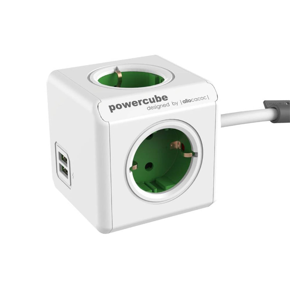 DesignNest PowerCube Extended 1402GN разклонител, 4 гнезда, 1.5 м кабел, зелен