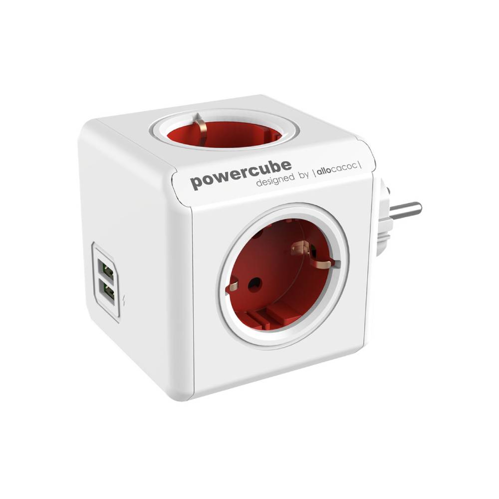 DesignNest PowerCube Original USB 1202RD разклонител, 4 гнезда, USB, червен