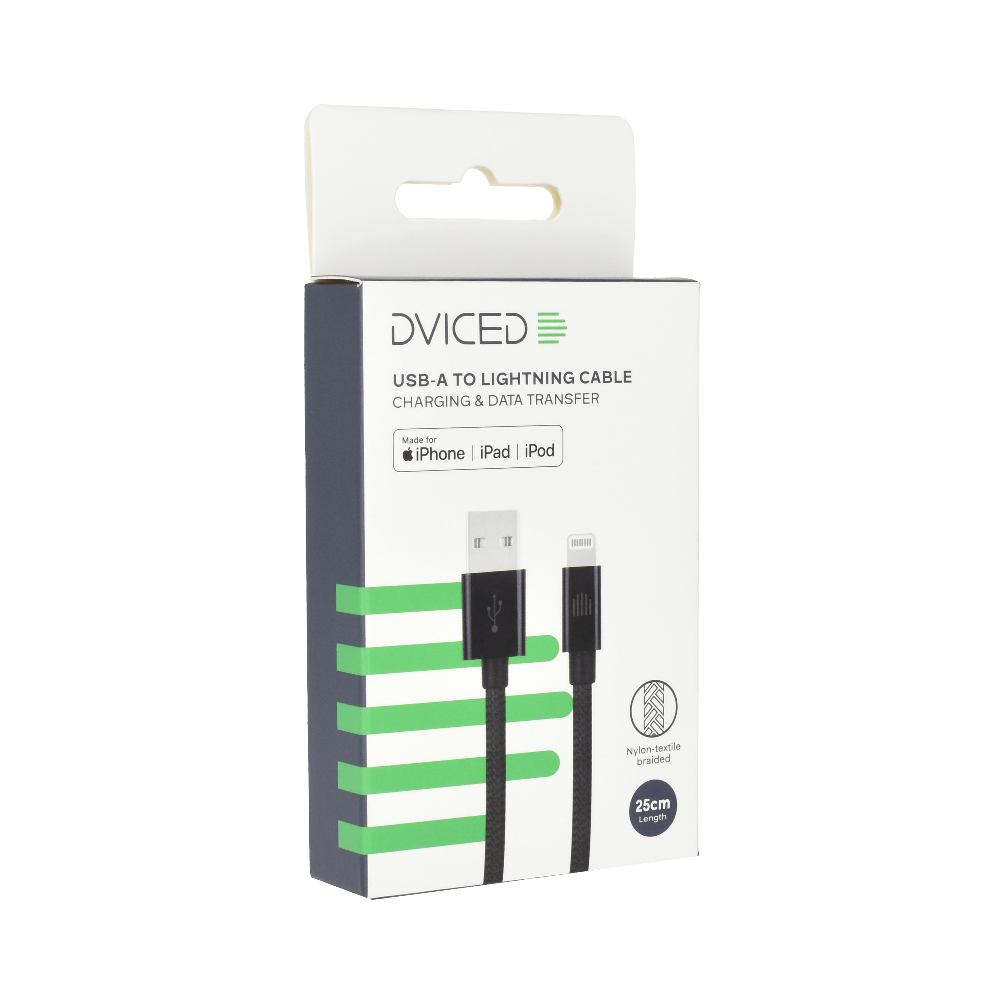 Кабел Dviced, USB-A/Lightning, найлонова оплетка, 0.25 м, черен