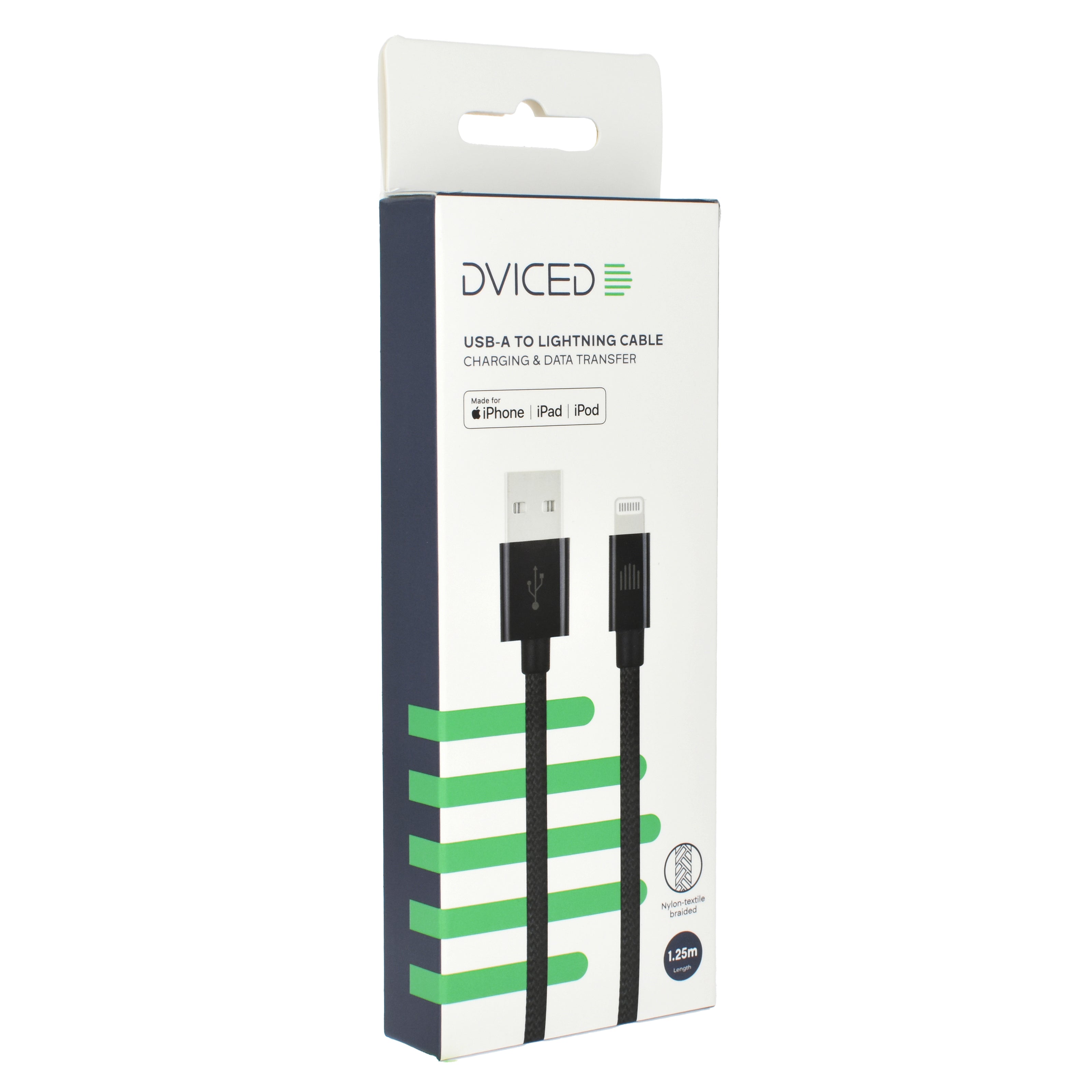 Кабел Dviced, USB-A/Lightning, найлонова оплетка, 1.25 м, черен