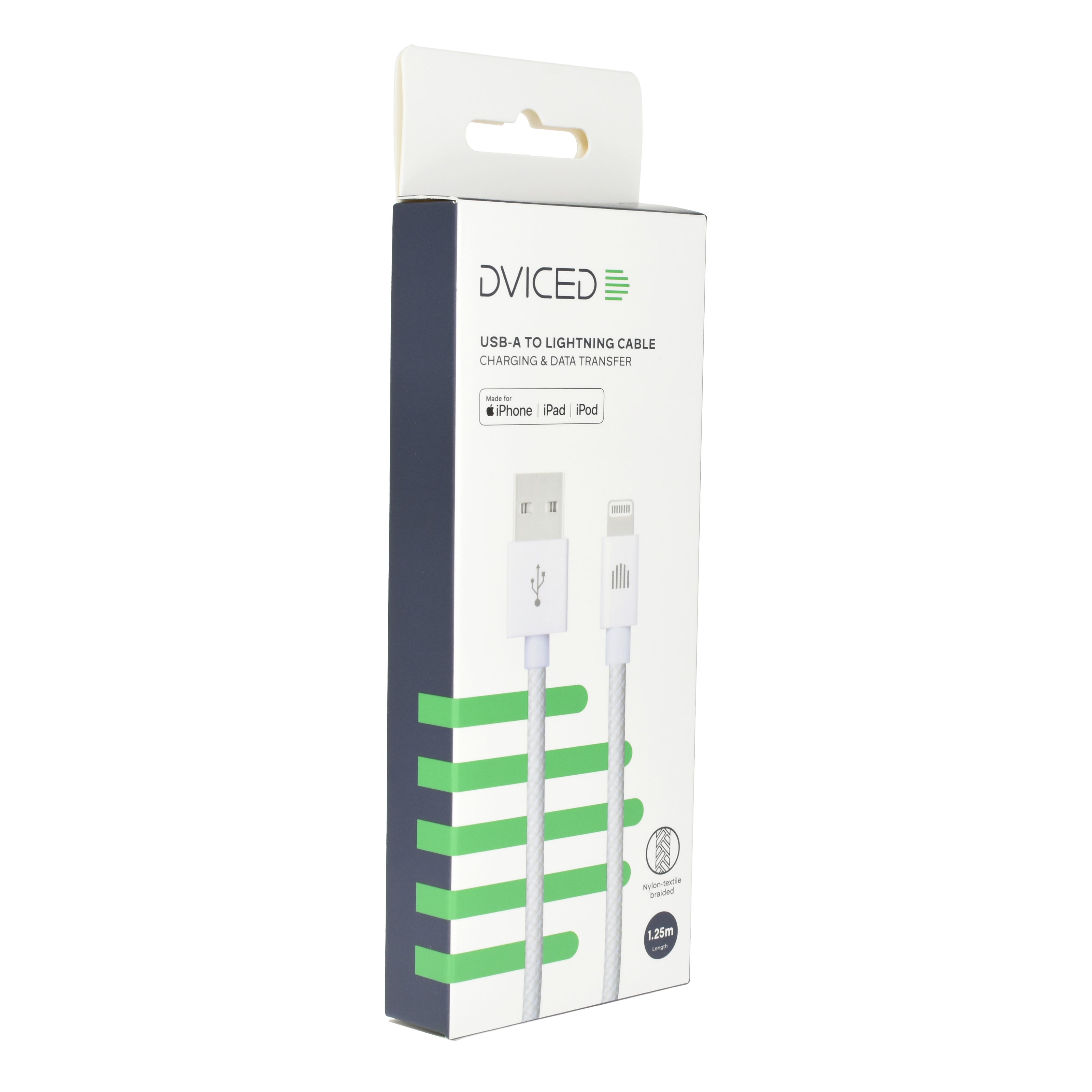 Кабел Dviced, USB-A/Lightning, найлонова оплетка, 1.25 м, бял