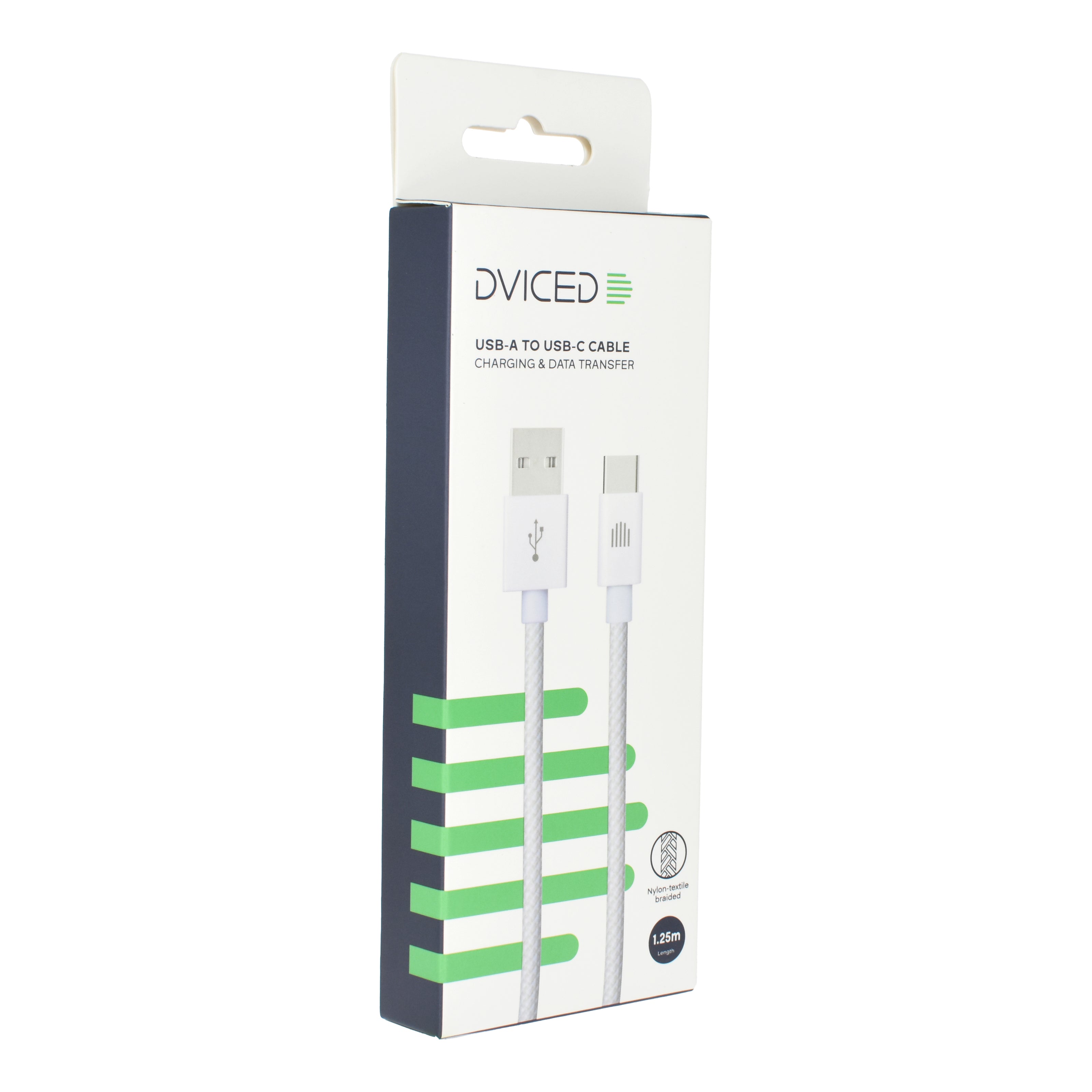 Кабел Dviced, USB-A/USB-C, найлонова оплетка, 1.25 м, бял