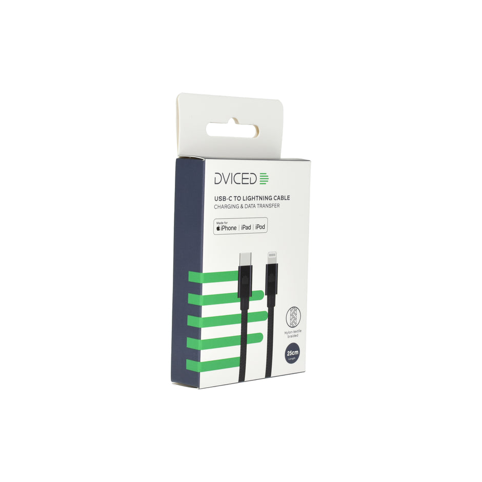 Кабел Dviced, USB-C/Lightning, найлонова оплетка, 0.25 м, черен