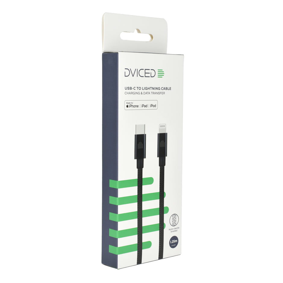 Кабел Dviced, USB-C/Lightning, найлонова оплетка, 1.25 м, черен