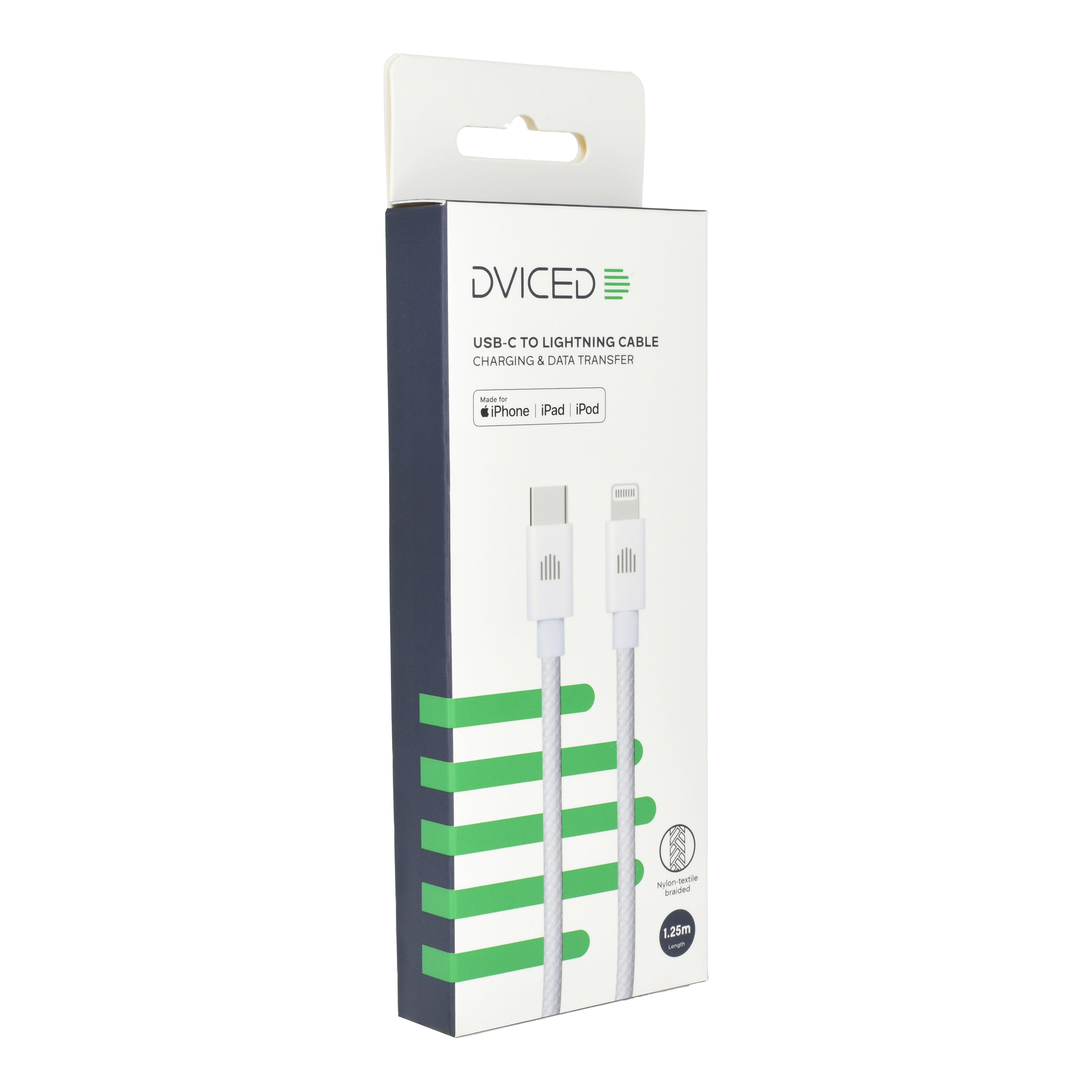 Кабел Dviced, USB-C/Lightning, найлонова оплетка, 1.25 м, бял