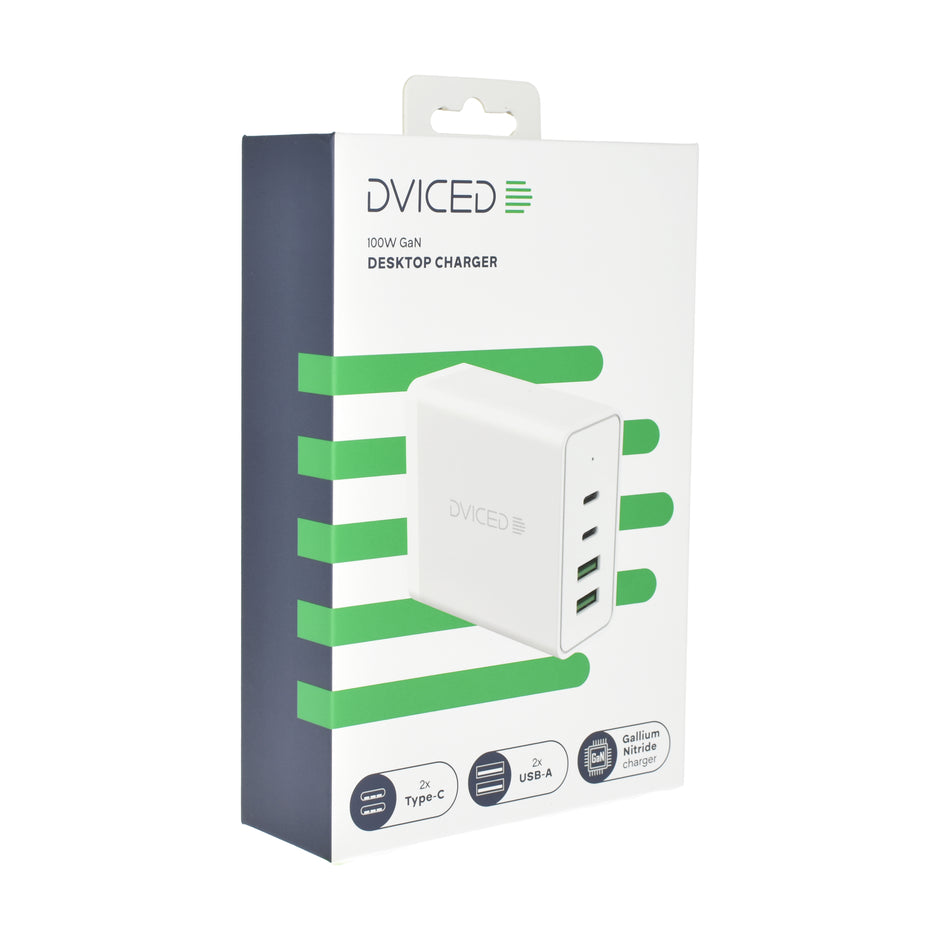 Настолно зарядно Dviced, 100W, GaN, USB-C + USB-A, бял