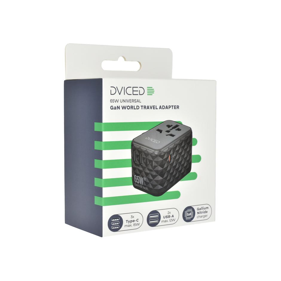Универсален travel адаптер Dviced, 65W, GaN, черен