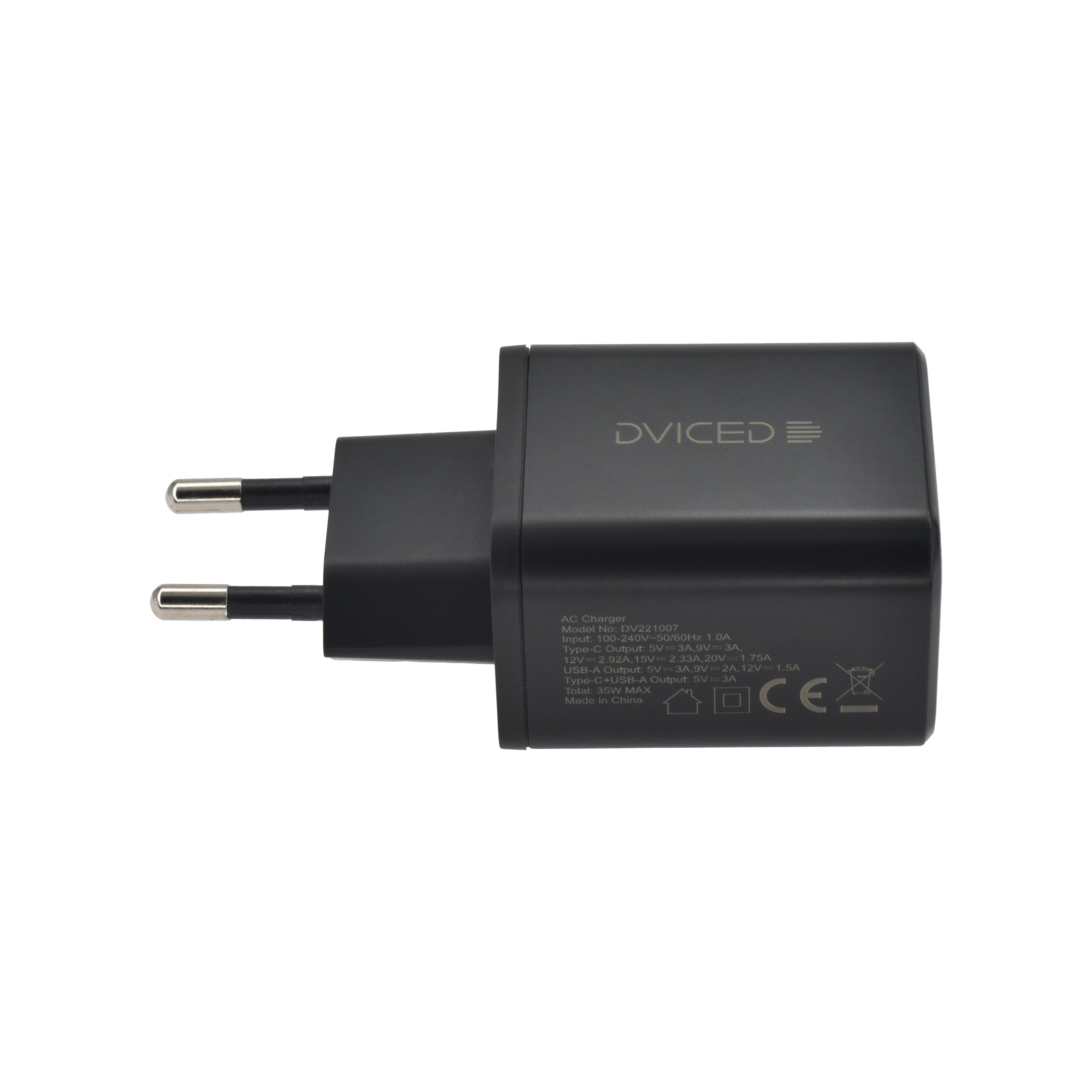 Зарядно Dviced, 35W, GaN, USB-C + USB-A, черен