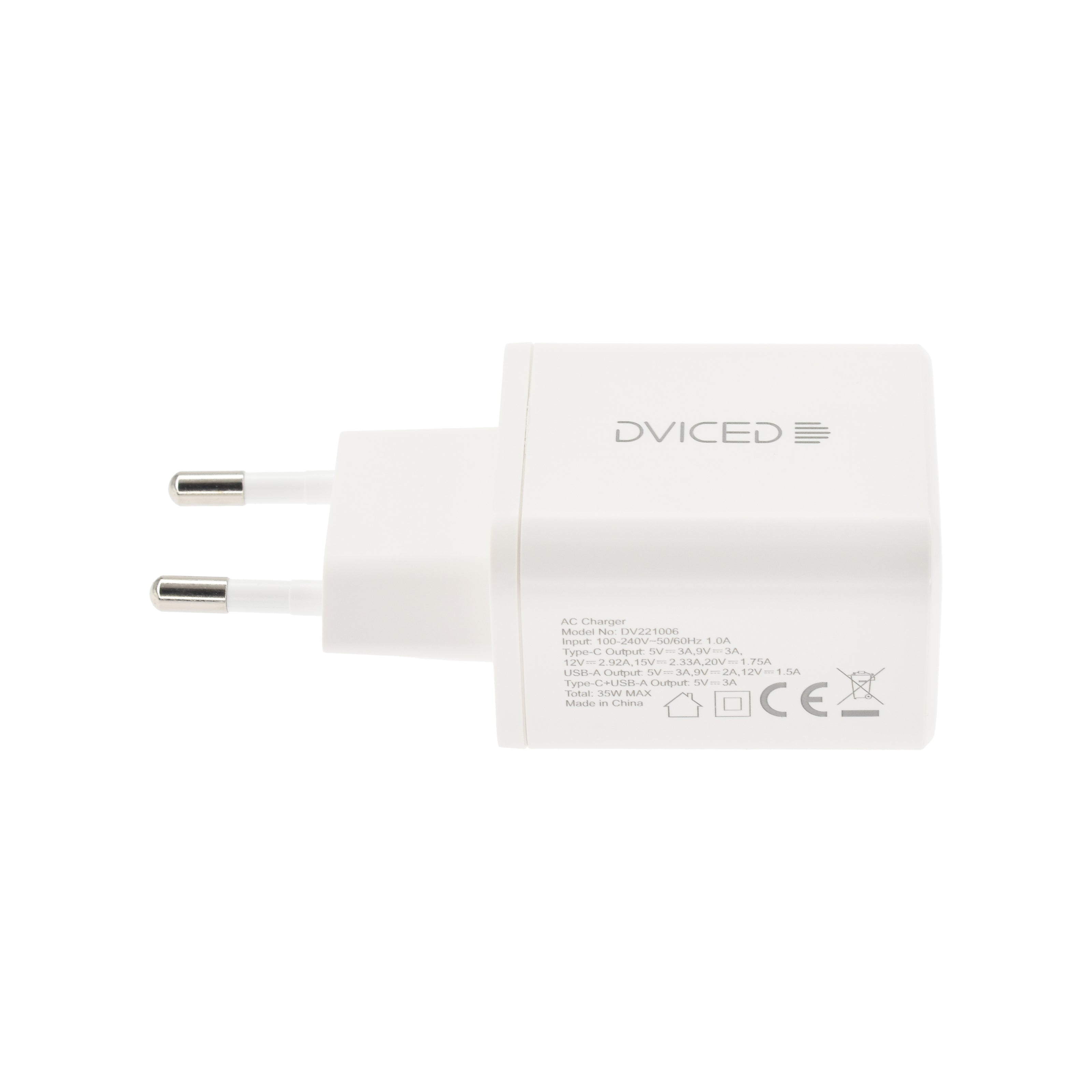 Зарядно Dviced, 35W, GaN, USB-C + USB-A, бял