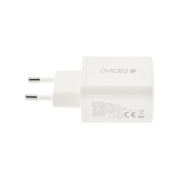 Зарядно Dviced, 35W, GaN, USB-C + USB-A, бял