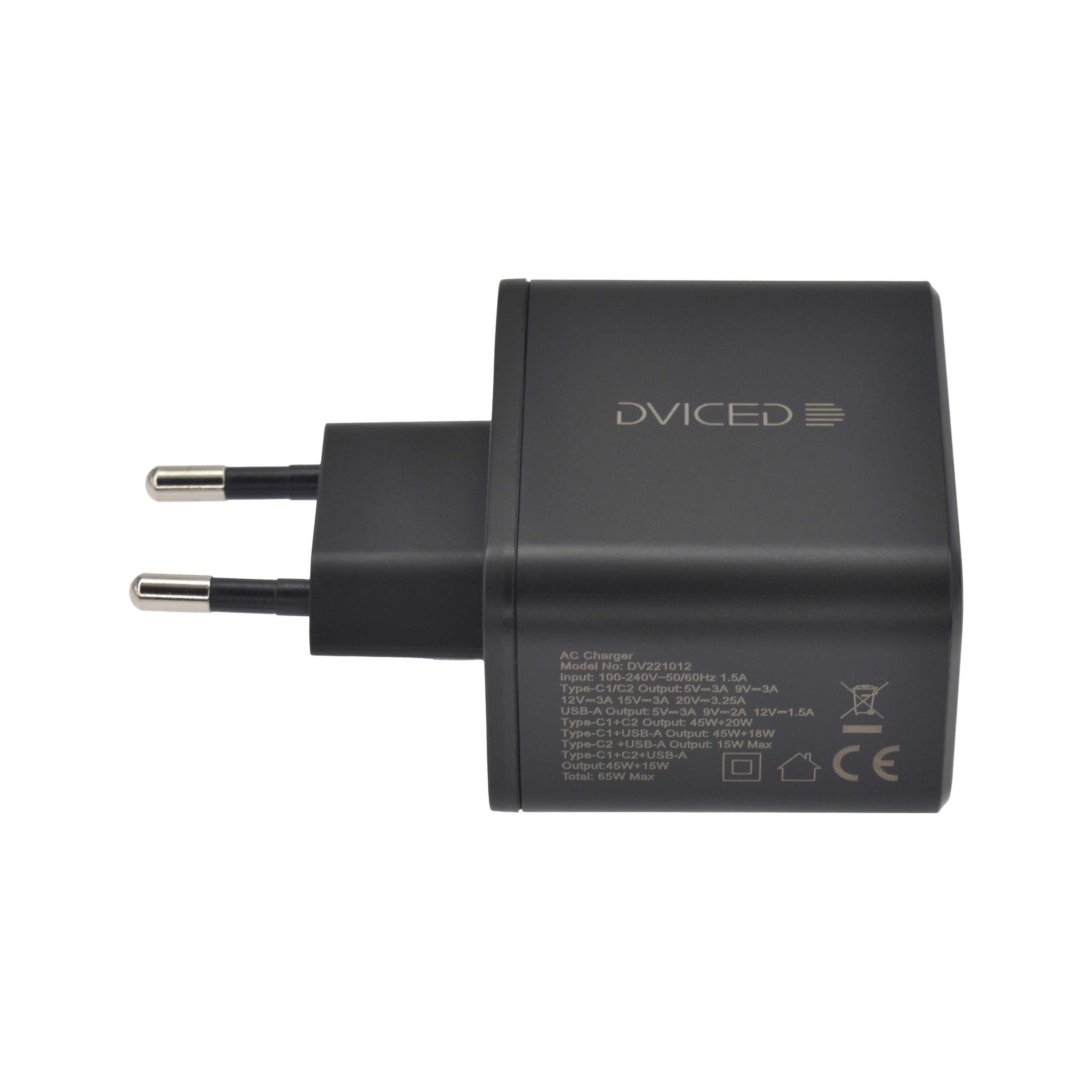 Зарядно Dviced, 65W, GaN, USB-C + USB-A, черен