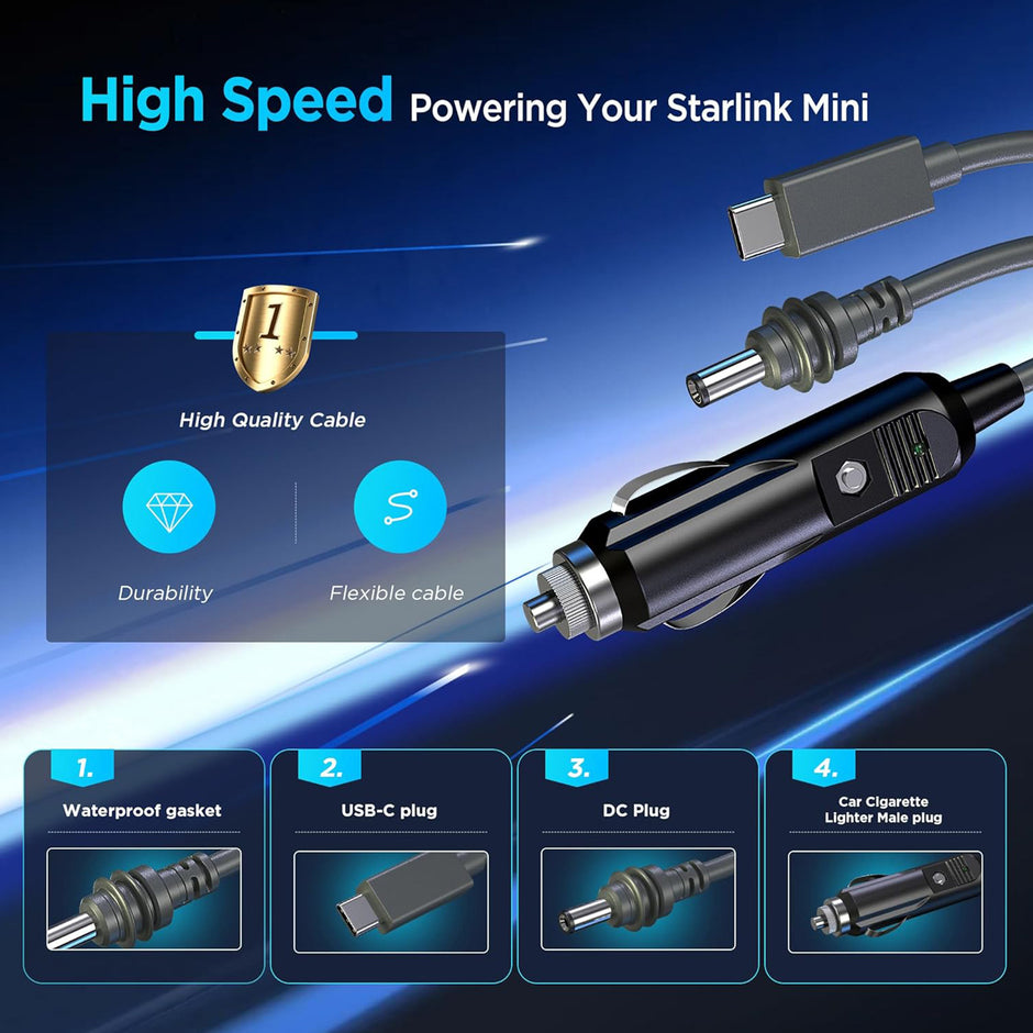 5 м захранващ кабел за Starlink Mini с USB-C, DC и 12V автоадаптер